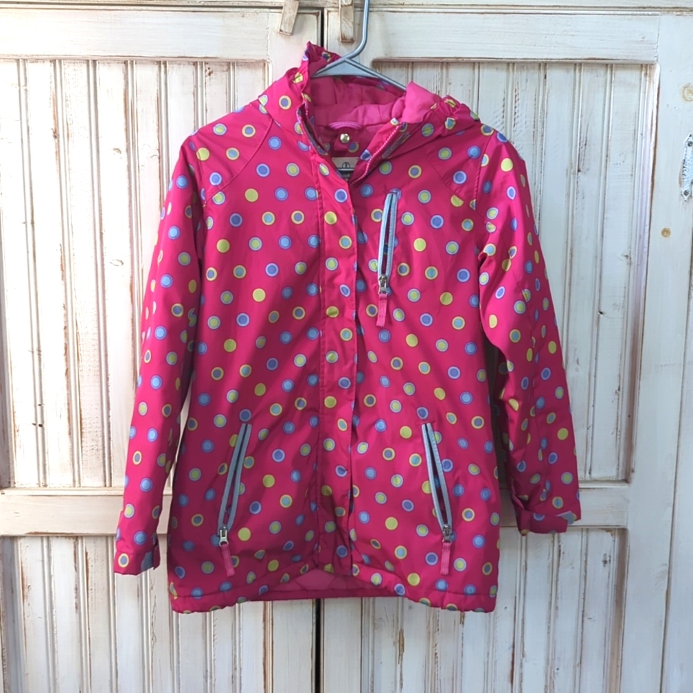 Lands' End, raspberry pink multicolored polka dot midweight jacket. Size medium